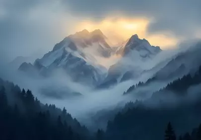 Breathtaking Misty Mountain Sunset: A Winter Wonderland View