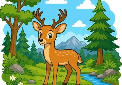 Charming Cartoon Deer in a Vibrant Forest Landscape