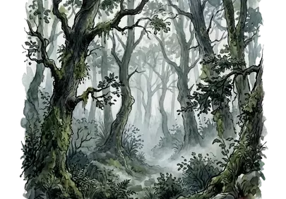 Enchanting Misty Forest: Watercolor Ink Art