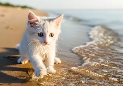 Adorable White Kitten Exploring a Serene Summer Beach
