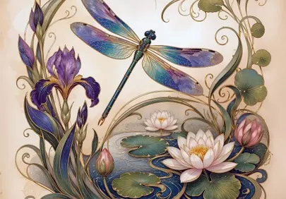 Enchanting Art Nouveau Dragonfly Amidst Botanical Serenity