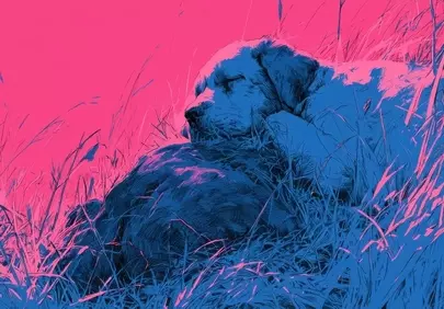 Vibrant Dream: Puppy's Serene Nap in Pink Meadow