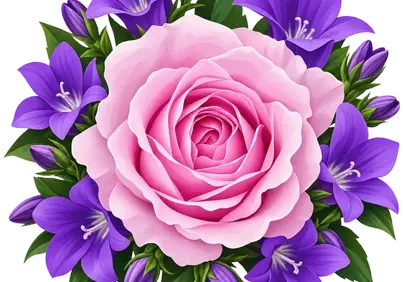 Vibrant Floral Symphony: Pink Rose & Purple Bellflowers Illustration