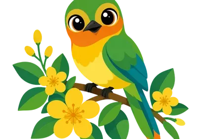 Vibrant Cartoon Bird: Adorable Tropical Charm on a Flowery Branch