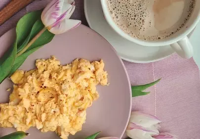 Charming Spring Breakfast: Scrambled Eggs & Coffee