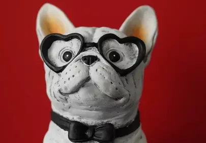 Charming French Bulldog in Heart Glasses against a Vivid Red Background