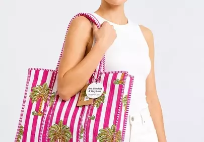Vibrant Pink Striped Tote with Palm Trees for Summer Style