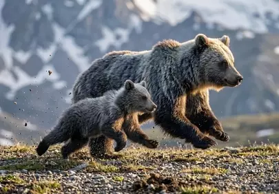 Dynamic Duo: Grizzly Mother and Cub Sprinting in Alpine Meadow