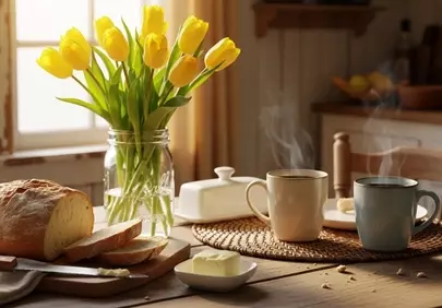 Cozy Morning Charm: Rustic Breakfast with Bright Tulips