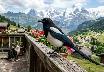 Charming Magpie and Cat in a Serene Alpine Village