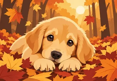 Adorable Golden Retriever Puppy in a Cozy Autumn Forest
