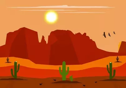 Vibrant Desert Sunset: Cactus and Mountain Landscape Illustration