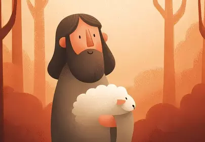 Divine Serenity: Jesus with Lamb in Sunset Forest