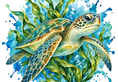 Vibrant Watercolor Sea Turtle: Ocean's Artful Majesty