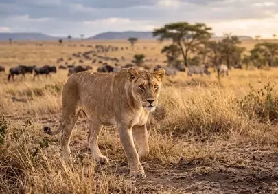 Majestic Lioness Stalks Wildebeest on African Savannah