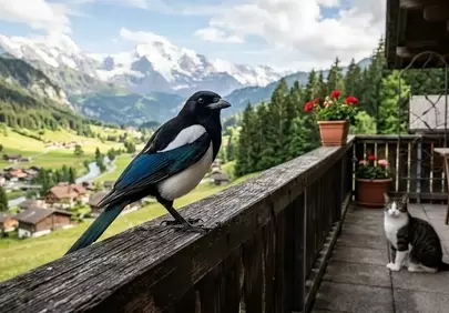 Stunning Alpine Balcony: Magpie, Cat, and Mountain Majesty