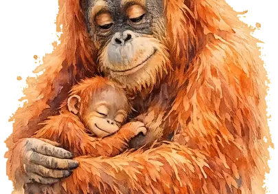 Heartwarming Watercolor Orangutan Mother and Baby Embrace