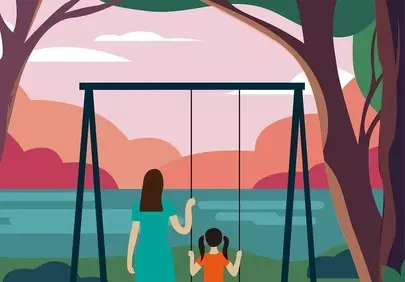 Heartwarming Sunset: Mother-Child Bonding on Park Swing