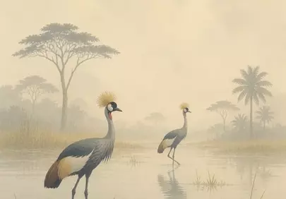 Misty African Wetlands: Grey Crowned Cranes Amidst Acacia Trees