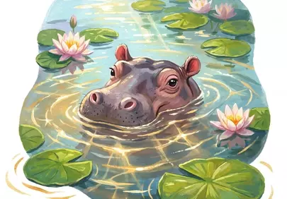 Adorable Hippo's Serene Pond Retreat in Watercolor