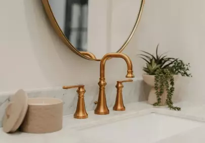 Elegant Brass Faucet: Modern Style Meets Serene Greenery