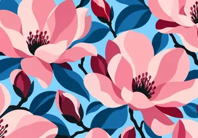 Vibrant Pink Magnolia Pattern on Blue: A Modern Spring Floral Design