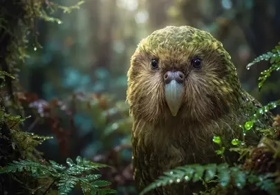 Mystical Kakapo: Rare Flightless Parrot in Enchanted Rainforest