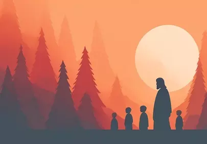 Divine Sunset Solitude: Jesus and Children in Peaceful Forest