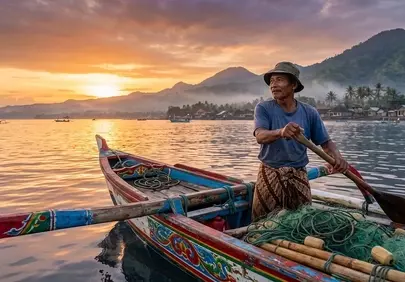 Serene Sunset Fishing: Indonesian Fisherman on Calm Lake