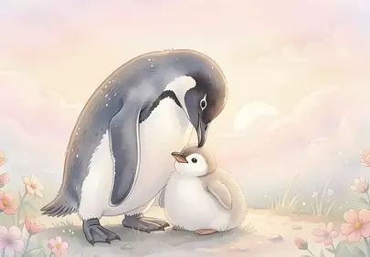Heartwarming Watercolor: Mother Penguin & Chick's Tender Moment
