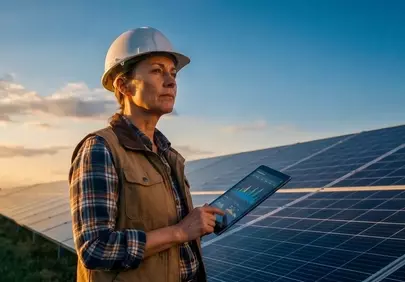 Empowering Future: Engineer Monitors Solar Farm at Sunset