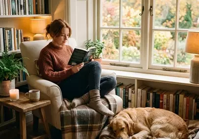 Cozy Autumn Afternoon: Woman Reading with Golden Retriever