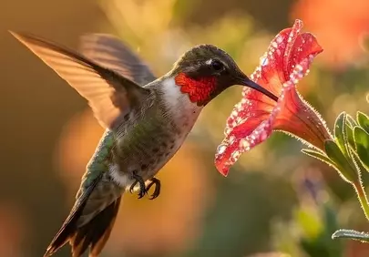 Vibrant Hummingbird Feeding on Dew-Kissed Petunia at Golden Hour