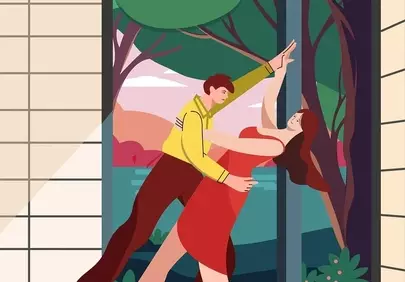 Vibrant Romantic Dance: A Couple's Serene Asian Garden Illustration