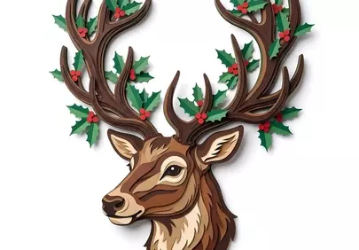 Stunning Layered Deer Head Adorned with Festive Holly