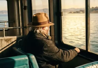 Golden Hour Solitude: Senior Man's Sunset Ferry Journey