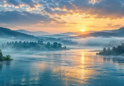 Breathtaking Sunset Over Misty River and Mountain Panorama