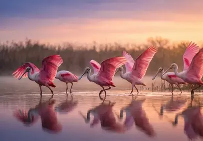 Enchanting Dawn: Pink Spoonbills Gracing Misty Wetlands