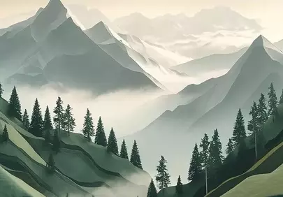 Misty Mountain Dawn: Tranquil Panorama with Lush Forests