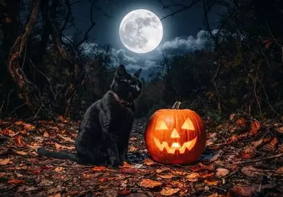 Mysterious Midnight: Black Cat and Glowing Pumpkin Under Full Moon