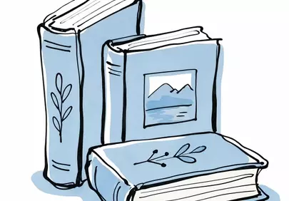 Charming Hand-Drawn Blue Books with Artistic Mountain Design