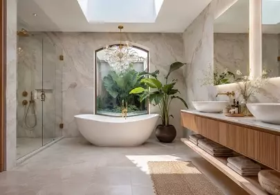 Opulent Oasis: Modern Marble Bathroom with Freestanding Tub