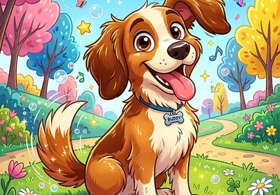 Joyful Cartoon Puppy Frolicking in a Vibrant Spring Park