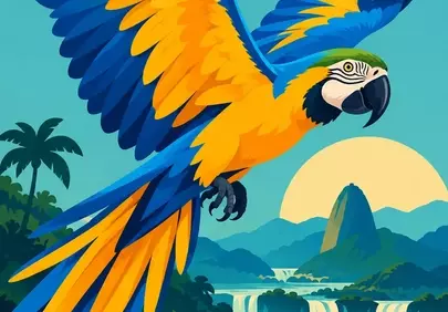 Vibrant Macaw Soars Over Majestic Rainforest Waterfall