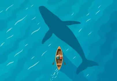 Mysterious Ocean Encounter: Whale Silhouette and Rowboat Adventure