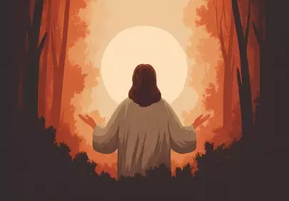 Divine Sunset Solitude: Jesus in Prayerful Forest Light