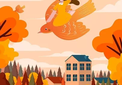 Enchanting Autumn Flight: Girl Soaring on a Giant Bird