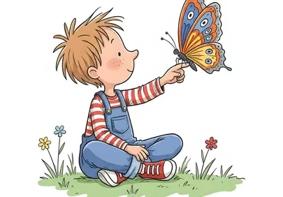 Charming Cartoon Boy with Butterfly in Nature's Bloom