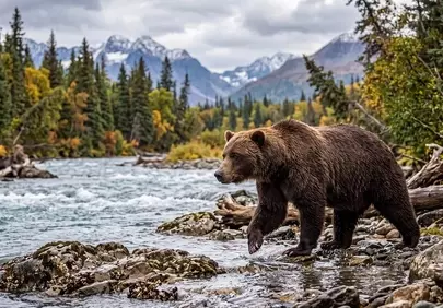 Majestic Grizzly Roams Alaskan Wilderness by Autumn River