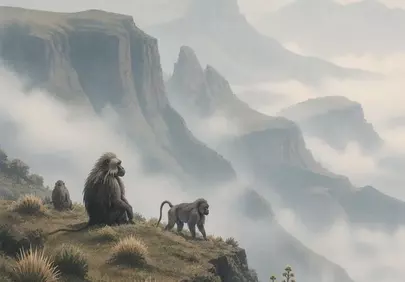 Mystical Mountainscape: Baboons Amidst African Mist
